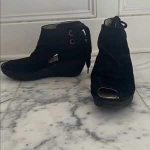 Fly London Black Suede Peep-Toe Wedge Sandals Size 40 or US 9-9.5